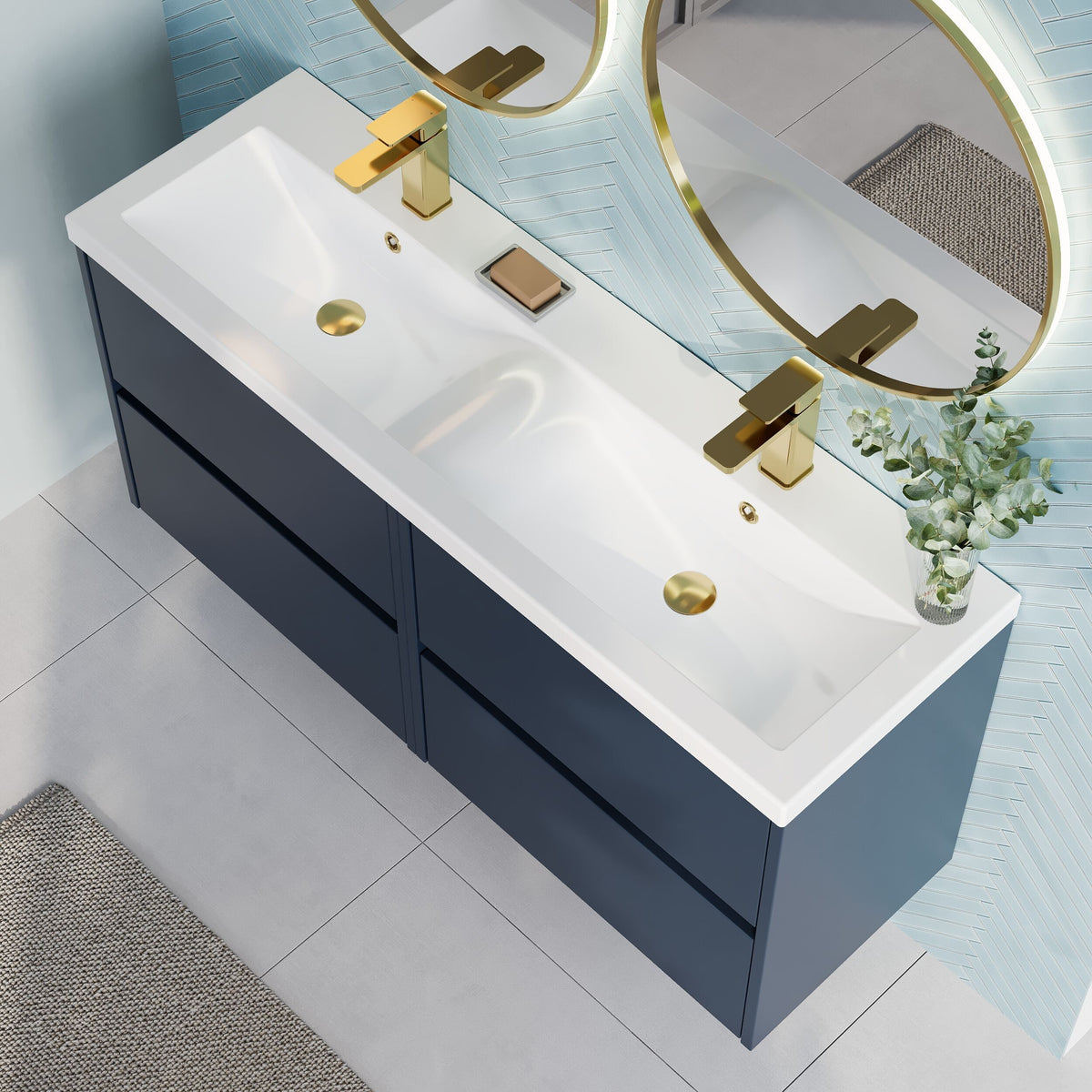 Modern Splash 1200mm Midnight Blue 4 Drawer Wall Hung Vanity Unit With 2 Tap Hole Ceramic Basin