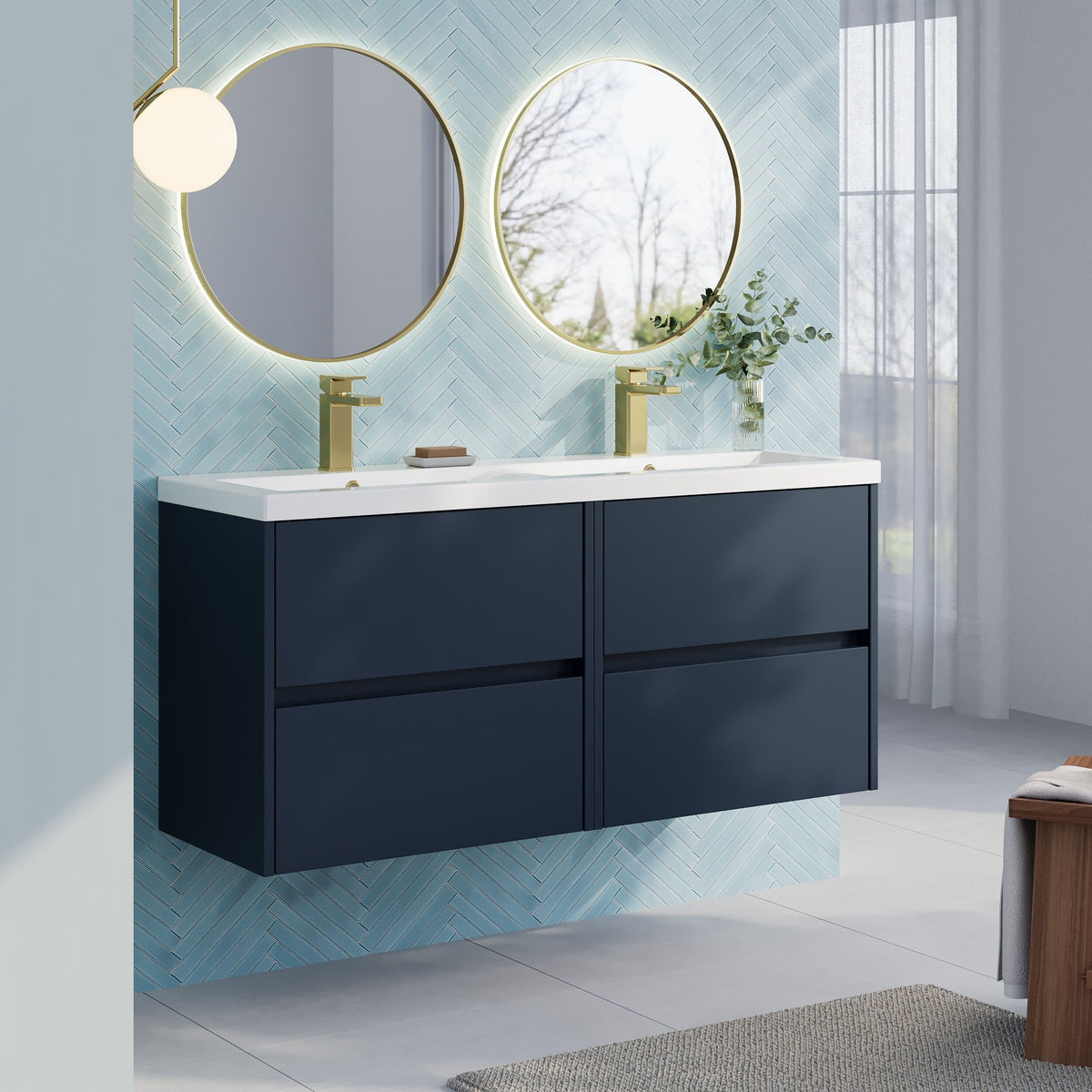 Modern Splash 1200mm Midnight Blue 4 Drawer Wall Hung Vanity Unit With 2 Tap Hole Ceramic Basin