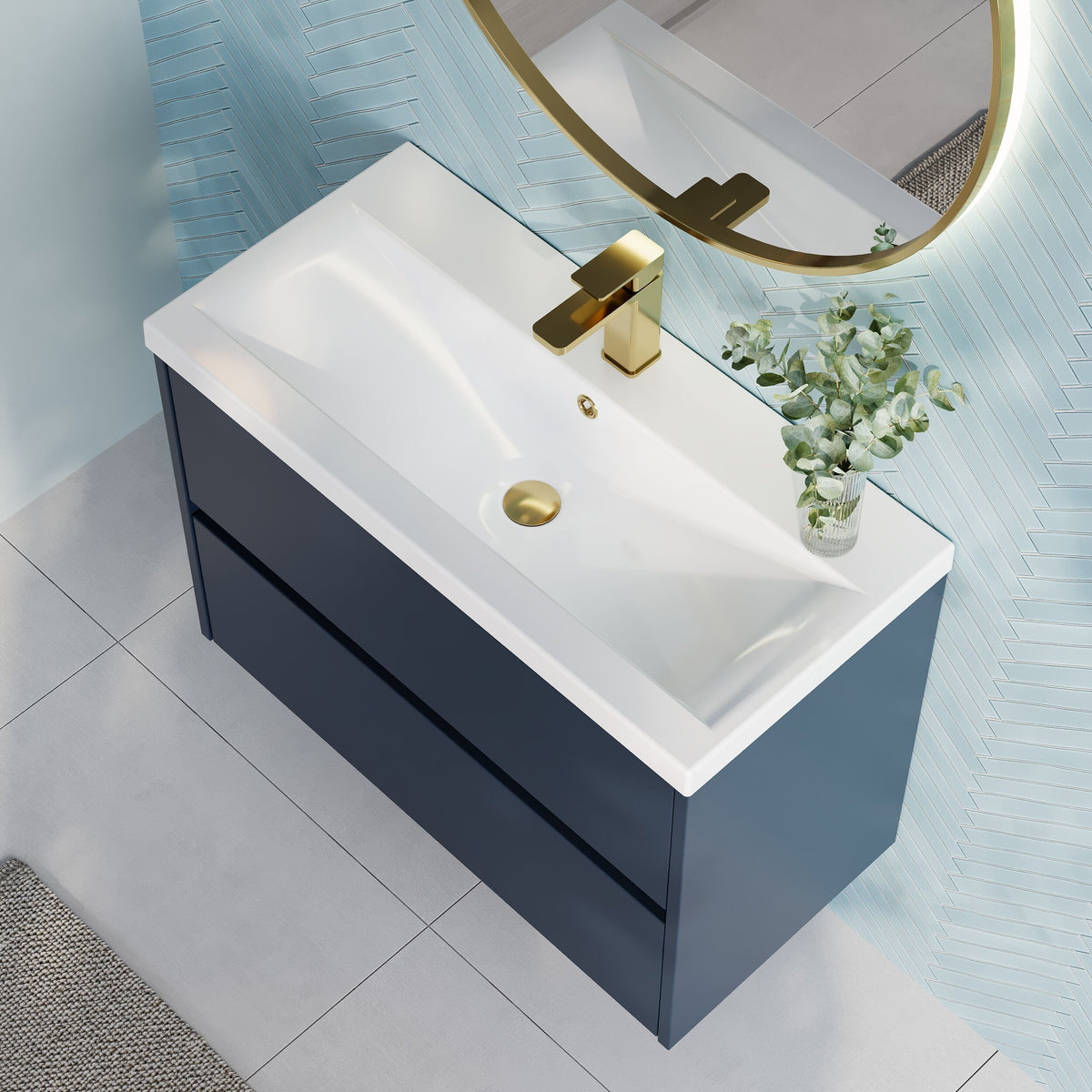 Modern Splash 800mm Midnight Blue 2 Drawer Wall Hung Vanity Unit With Mid-Edge Basin