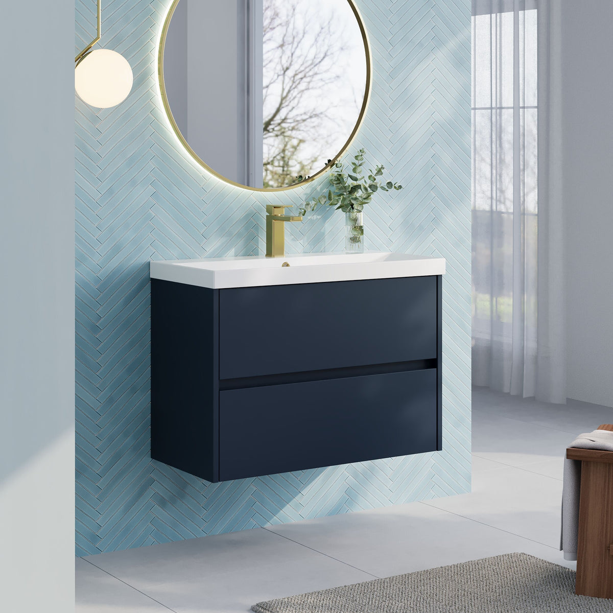 Modern Splash 800mm Midnight Blue 2 Drawer Wall Hung Vanity Unit With Thin Edge Basin