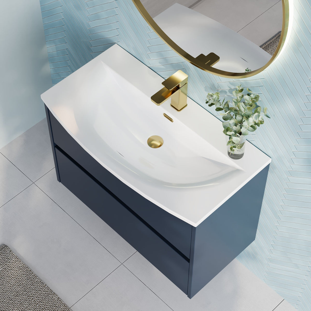 Modern Splash 800mm Midnight Blue 2 Drawer Wall Hung Vanity Unit With U-Shaped Curved Basin