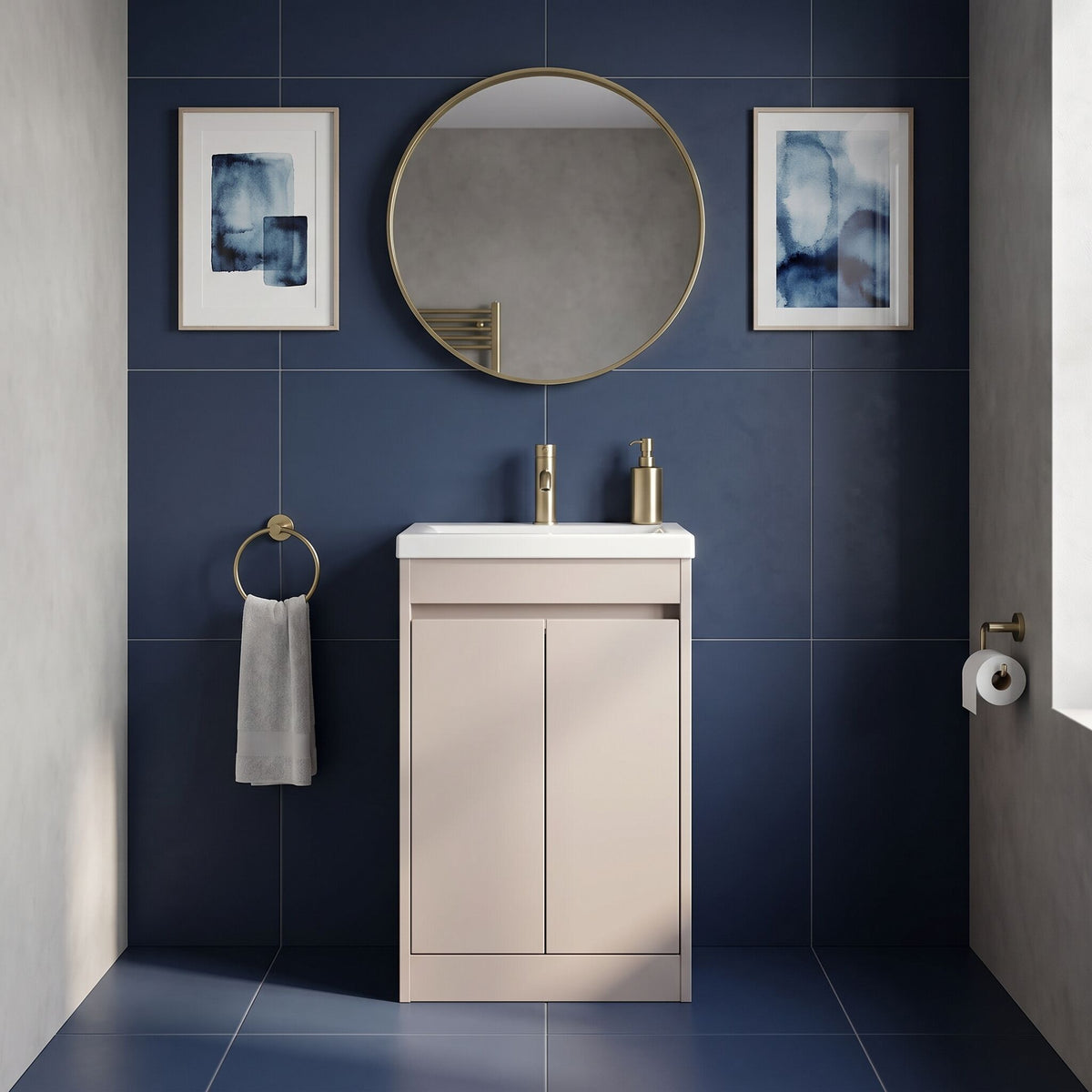 Modern Splash 600mm Soft Linen 2 Door Floor Standing Vanity Unit With Curved Basin