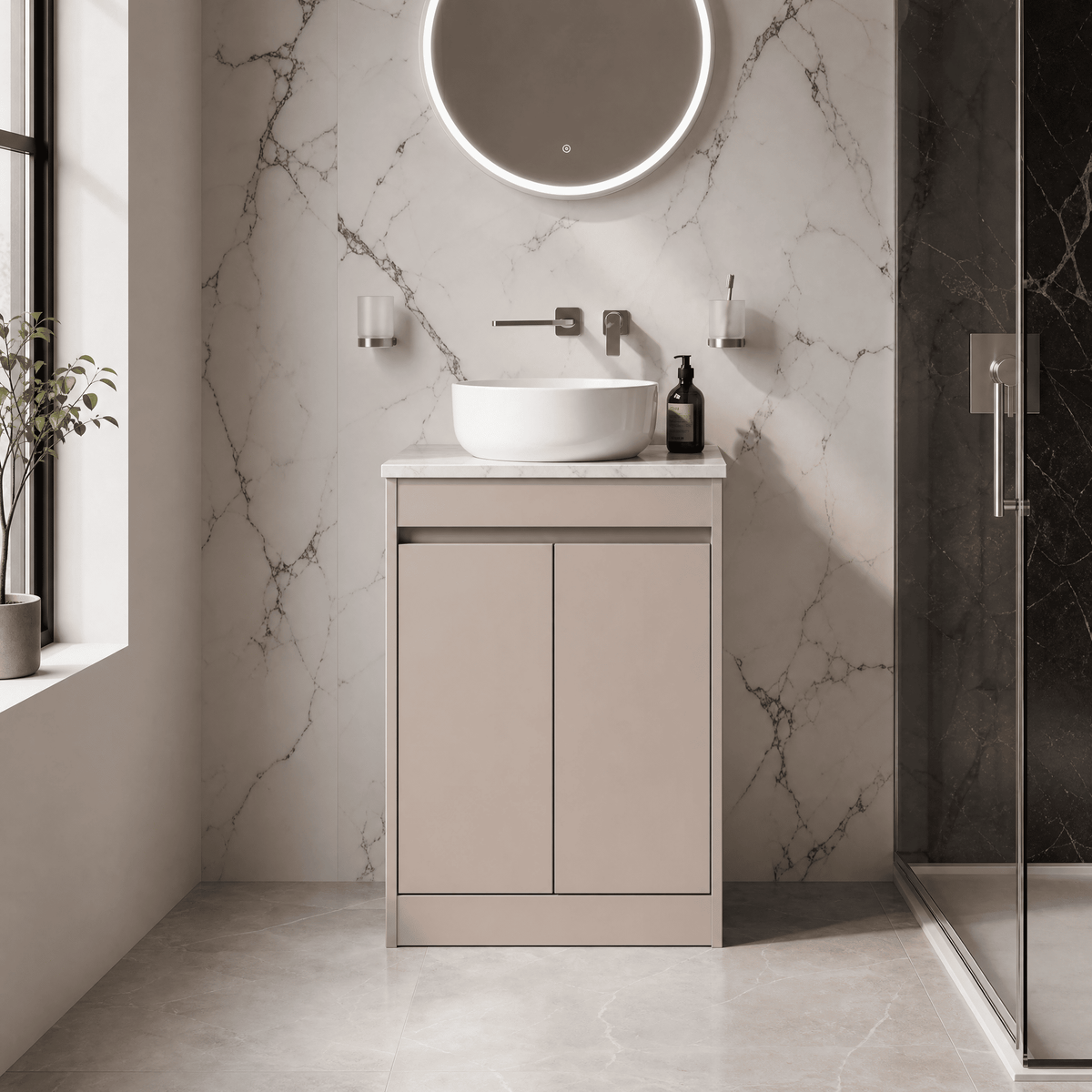 Modern Splash 600mm Soft Linen 2 Door Floor Standing Vanity Unit With Co-ordinating Worktop