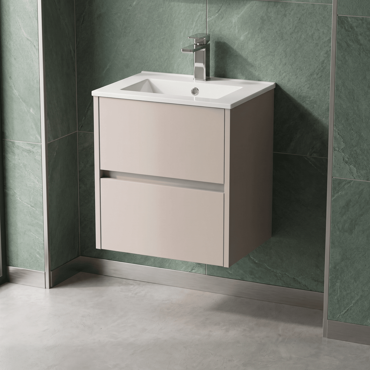 Modern Splash 600mm Soft linen 2 Drawer Wall Hung Vanity Unit With Mid-Edge Basin