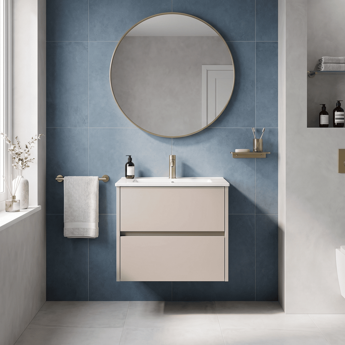 Modern Splash 600mm Soft linen 2 Drawer Wall Hung Vanity Unit With Minimalist Basin