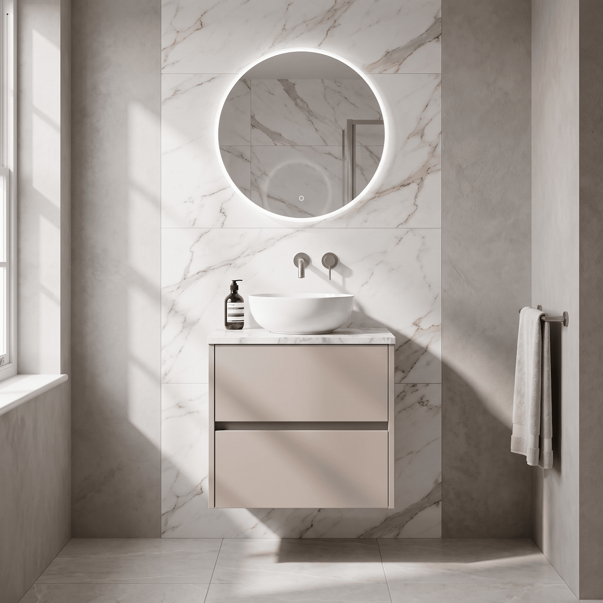 Modern Splash 600mm Soft linen 2 Drawer Wall Hung Vanity Unit With Carrara Laminate Worktop