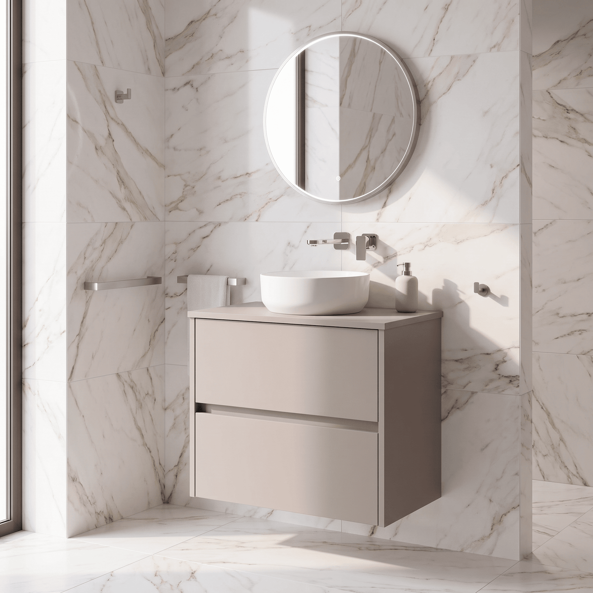 Modern Splash 600mm Soft linen 2 Drawer Wall Hung Vanity Unit With Co-ordinating Worktop