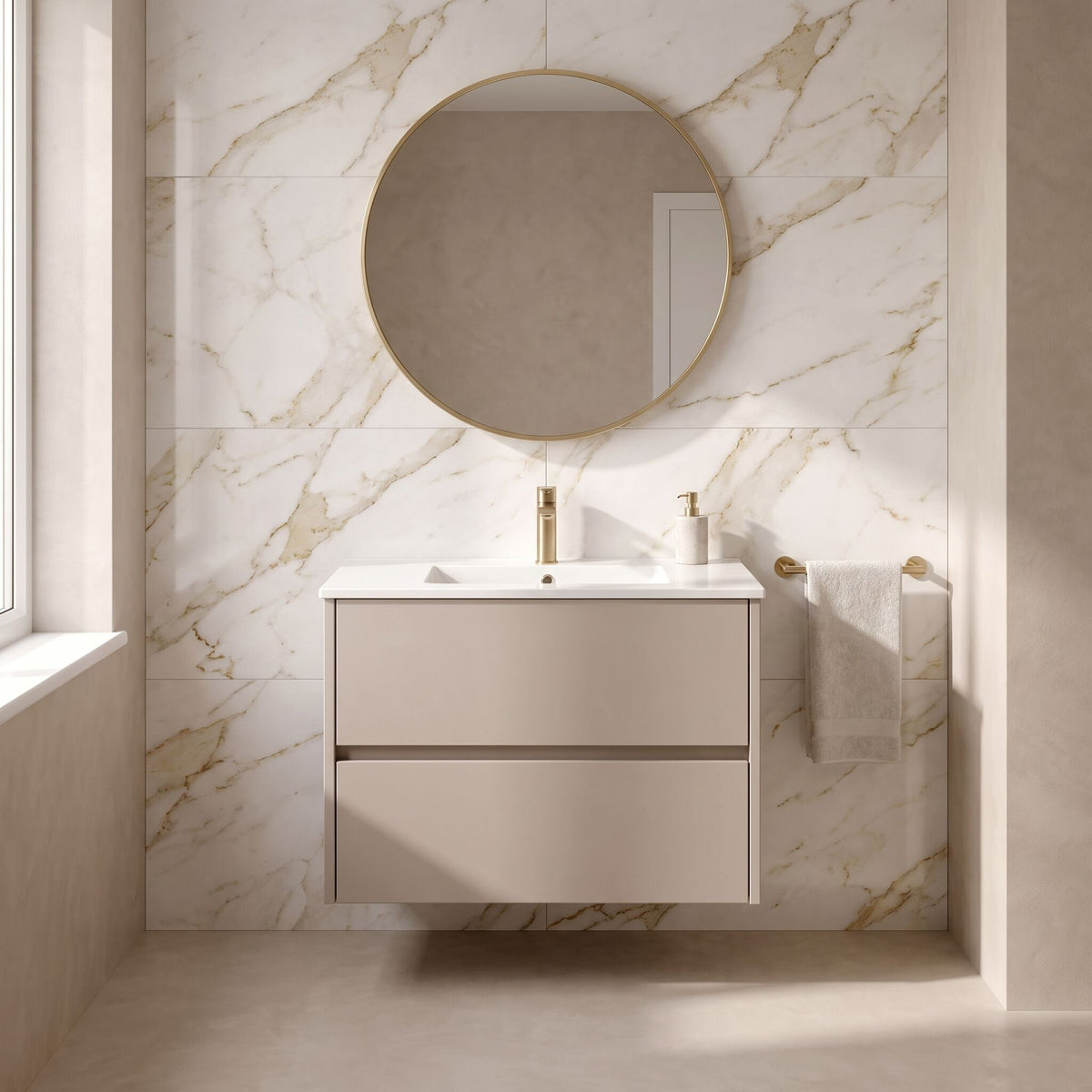 Modern Splash 800mm Soft linen 2 Drawer Wall Hung Vanity Unit With Minimalist Basin