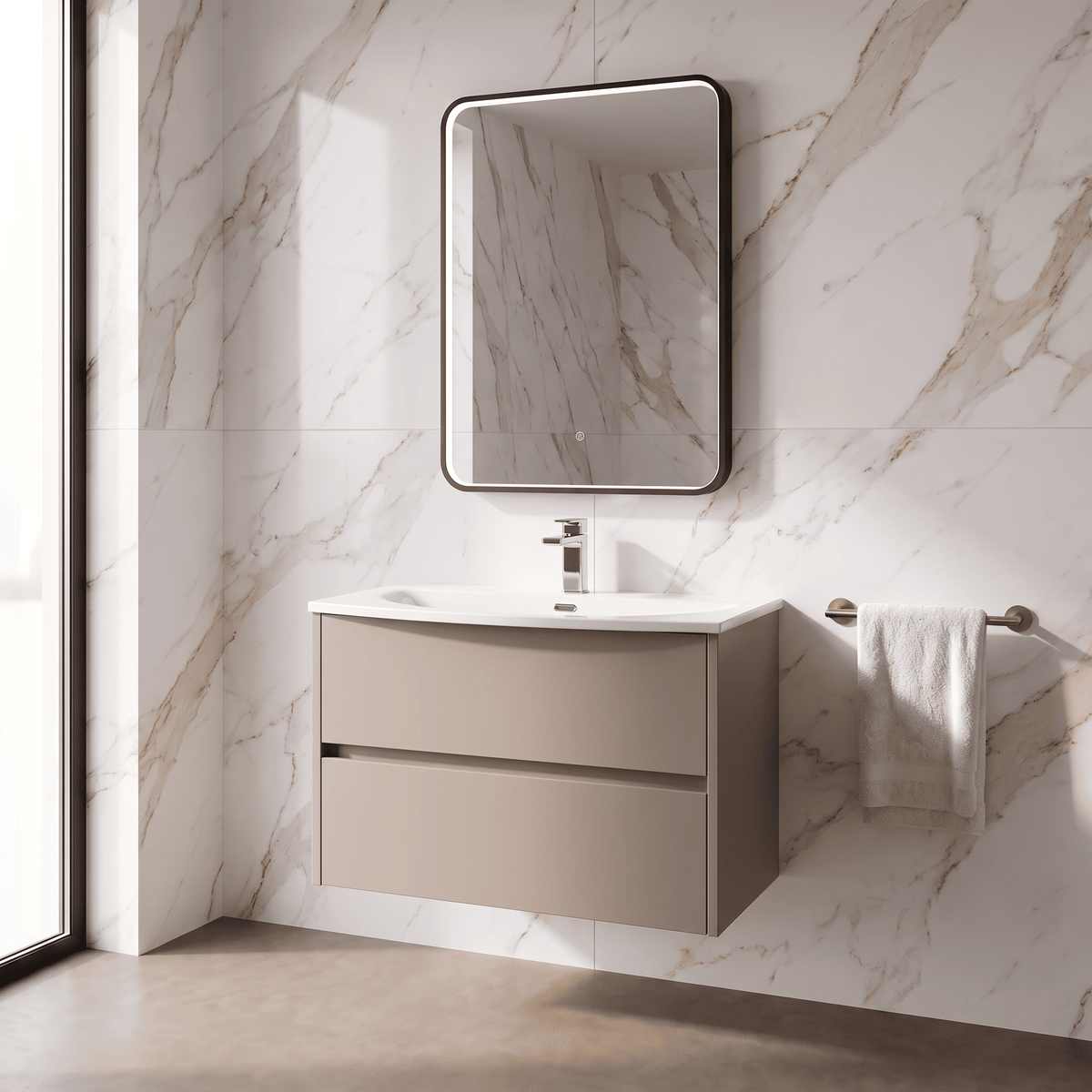 Modern Splash 800mm Soft linen 2 Drawer Wall Hung Vanity Unit With U-Shaped Curved Basin