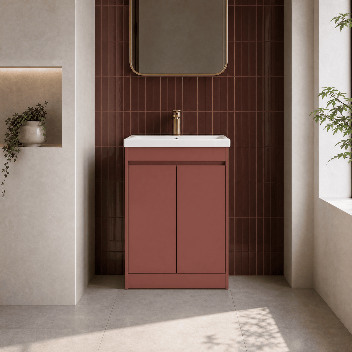 Modern Splash 500mm Smoked Red 2 Door Floor Standing Vanity Unit With Thin-Edge Basin