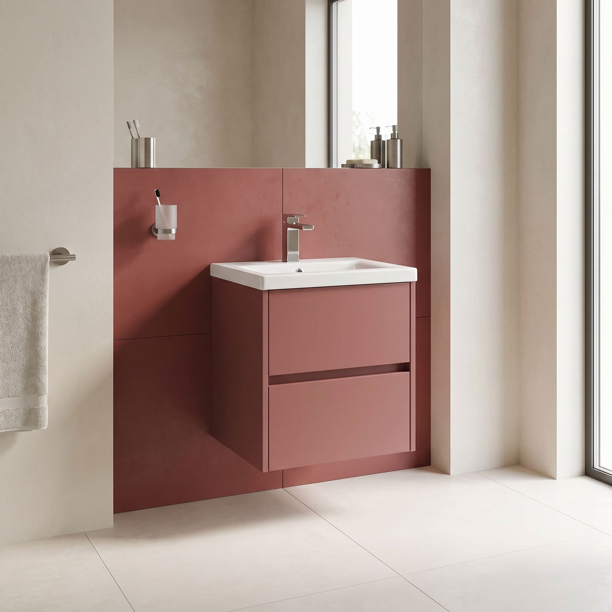 Modern Splash 500mm Smoked Red 2 Drawer Wall Hung Vanity Unit With Thin Edge Basin