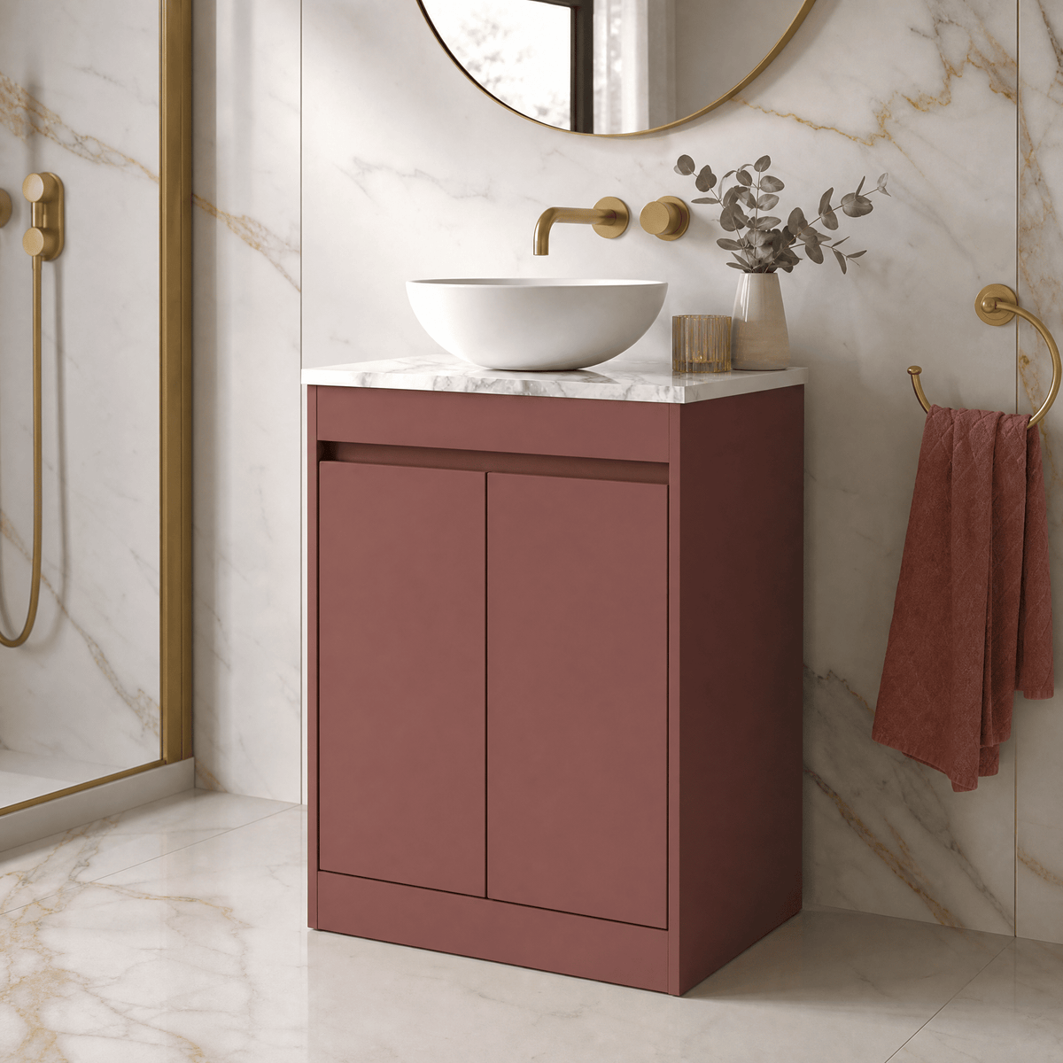 Modern Splash 600mm Smoked Red 2 Door Floor Standing Vanity Unit With Carrera Marble Worktop