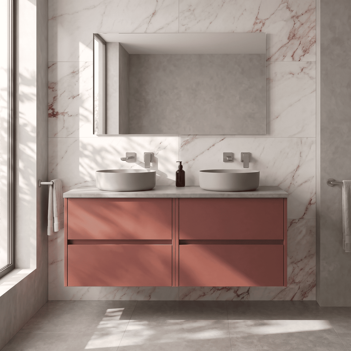 Modern Splash 1200mm Smoked Red 4 Drawer Wall Hung Vanity Unit With Bellato Grey Worktop
