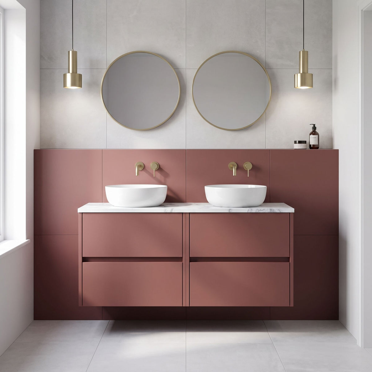 Modern Splash 1200mm Smoked Red 4 Drawer Wall Hung Vanity With Carrara Laminate Worktop
