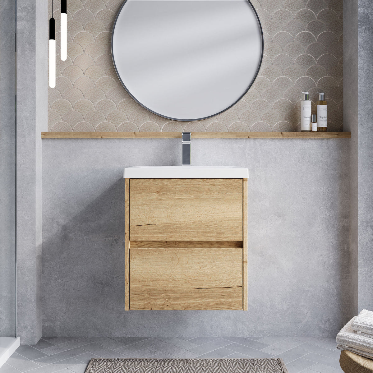Modern Splash 500mm Autumn Oak 2 Drawer Wall Hung Vanity Unit With Mid-Edge Basin