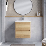 Modern Splash 500mm Autumn Oak 2 Drawer Wall Hung Vanity Unit With Mid-Edge Basin
