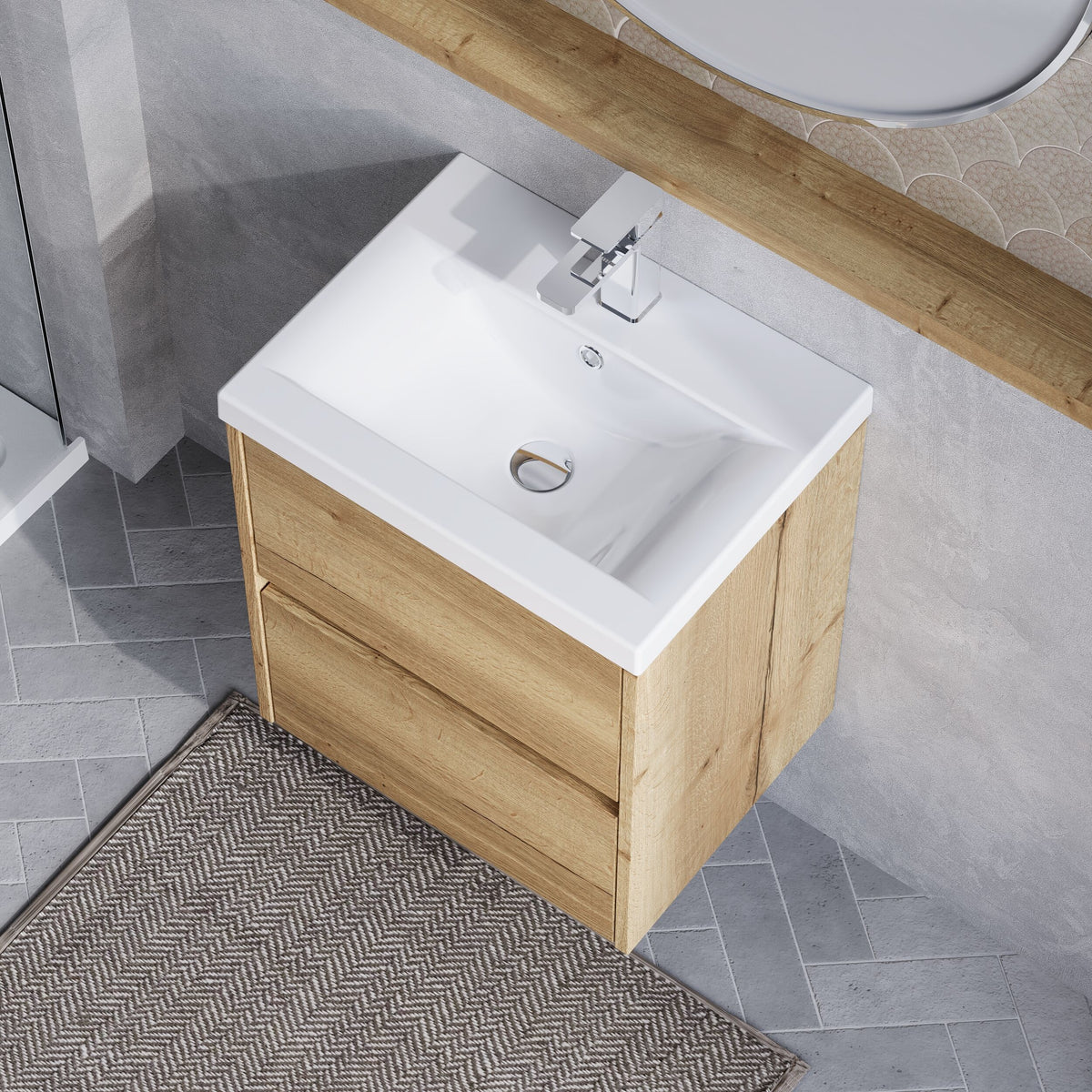 Modern Splash 500mm Autumn Oak 2 Drawer Wall Hung Vanity Unit With Mid-Edge Basin