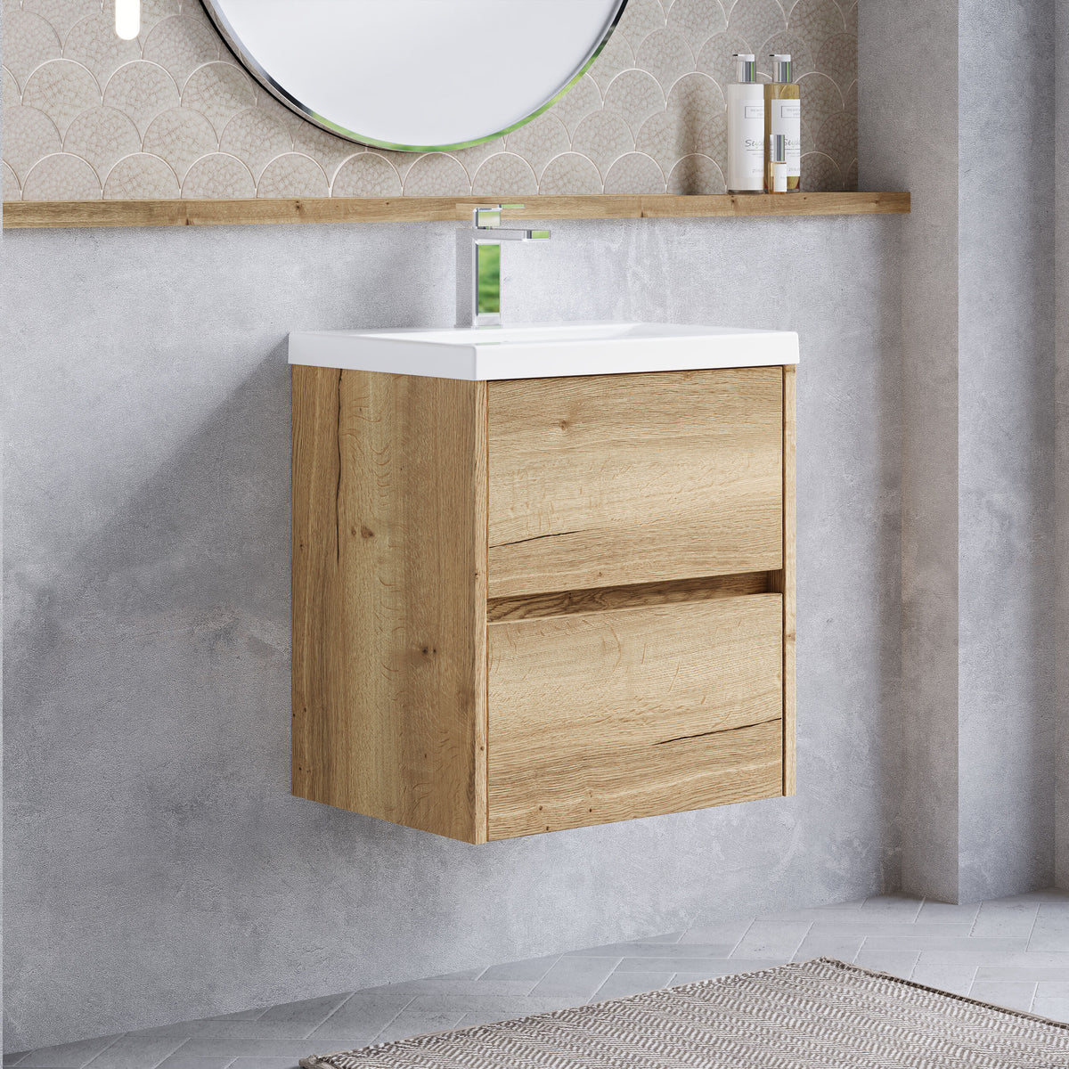 Modern Splash 500mm Autumn Oak 2 Drawer Wall Hung Vanity Unit With Mid-Edge Basin