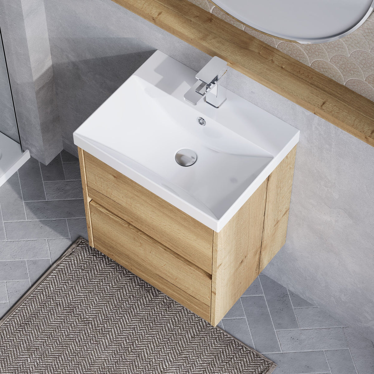 Modern Splash 500mm Autumn Oak 2 Drawer Wall Hung Vanity Unit With Thin Edge Basin