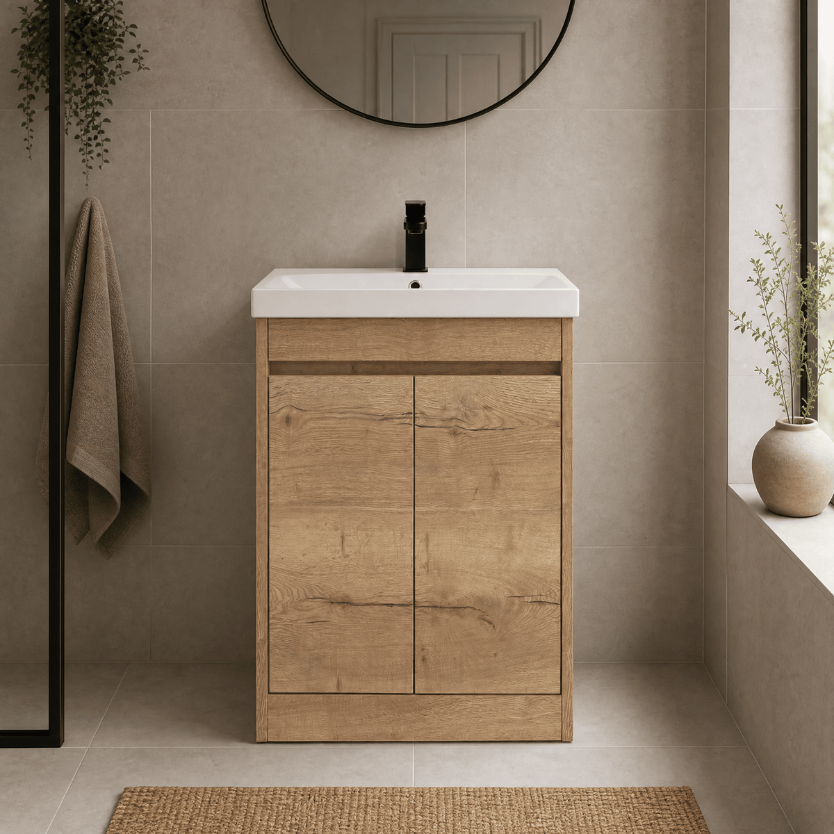 Modern Splash 600mm Autumn Oak 2 Door Floor Standing Vanity Unit With Thin-Edge Basin