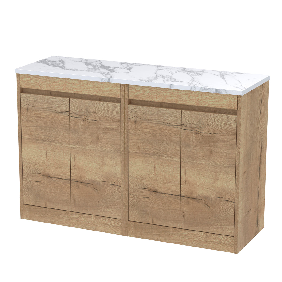 Modern Splash 1200mm Autumn Oak 4 Door Floor Standing Vanity Unit With Carrera Marble Worktop