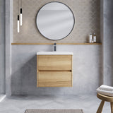 Modern Splash 600mm Autumn Oak 2 Drawer Wall Hung Vanity Unit With Mid-Edge Basin
