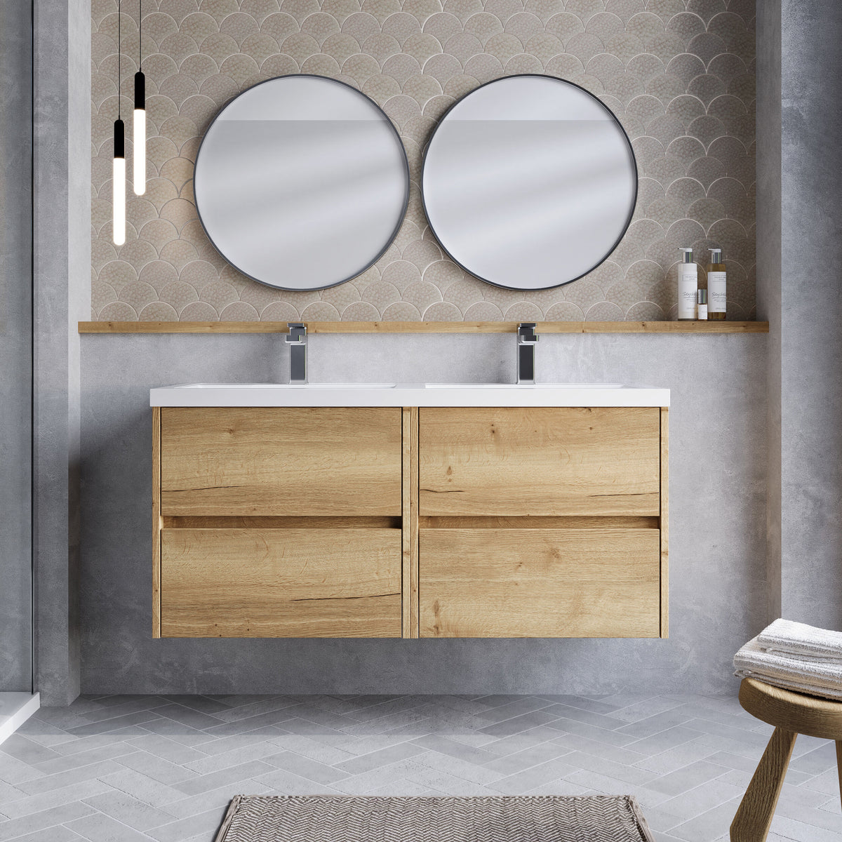 Modern Splash 1200mm Autumn Oak 4 Drawer Wall Hung Vanity Unit With 2 Tap Hole Polymarble basin