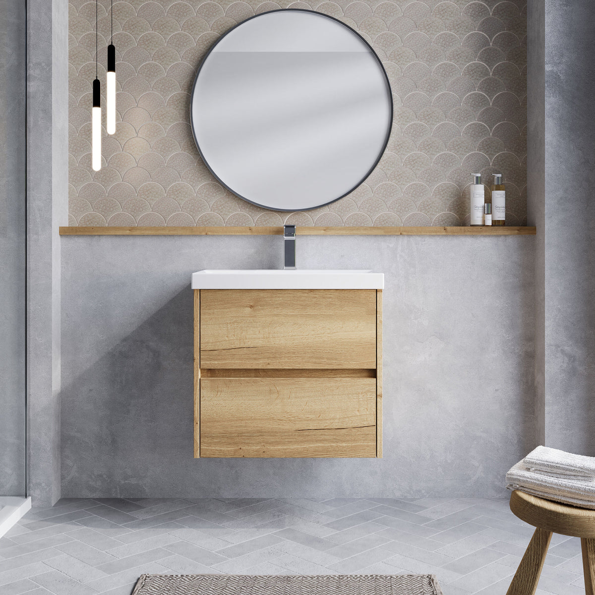 Modern Splash 600mm Autumn Oak 2 Drawer Wall Hung Vanity Unit With Thin Edge Basin
