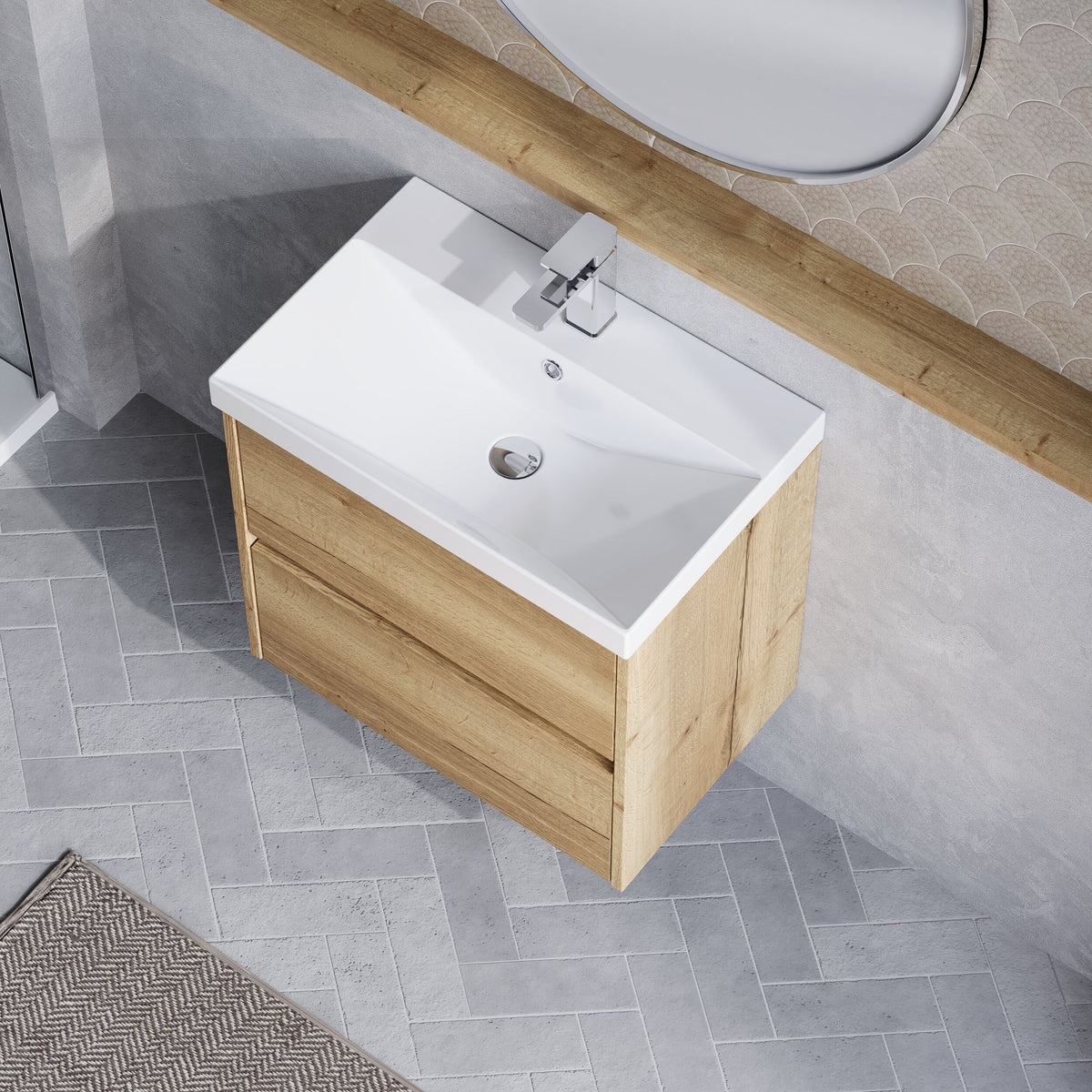 Modern Splash 600mm Autumn Oak 2 Drawer Wall Hung Vanity Unit With Thin Edge Basin