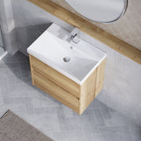 Modern Splash 600mm Autumn Oak 2 Drawer Wall Hung Vanity Unit With Thin Edge Basin