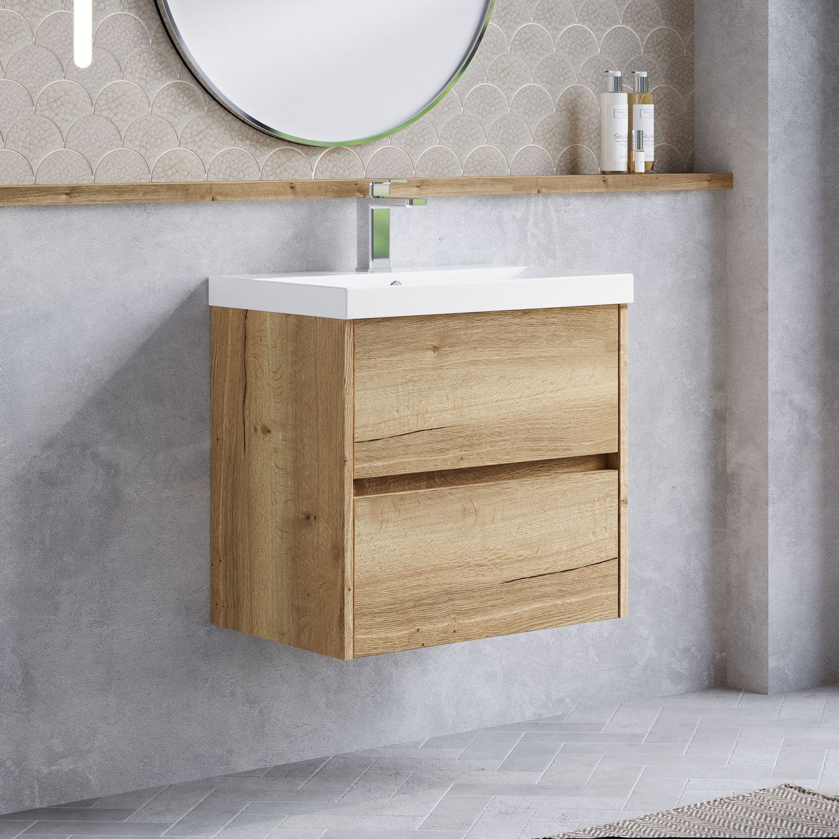 Modern Splash 600mm Autumn Oak 2 Drawer Wall Hung Vanity Unit With Thin Edge Basin
