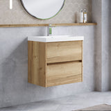 Modern Splash 600mm Autumn Oak 2 Drawer Wall Hung Vanity Unit With Thin Edge Basin