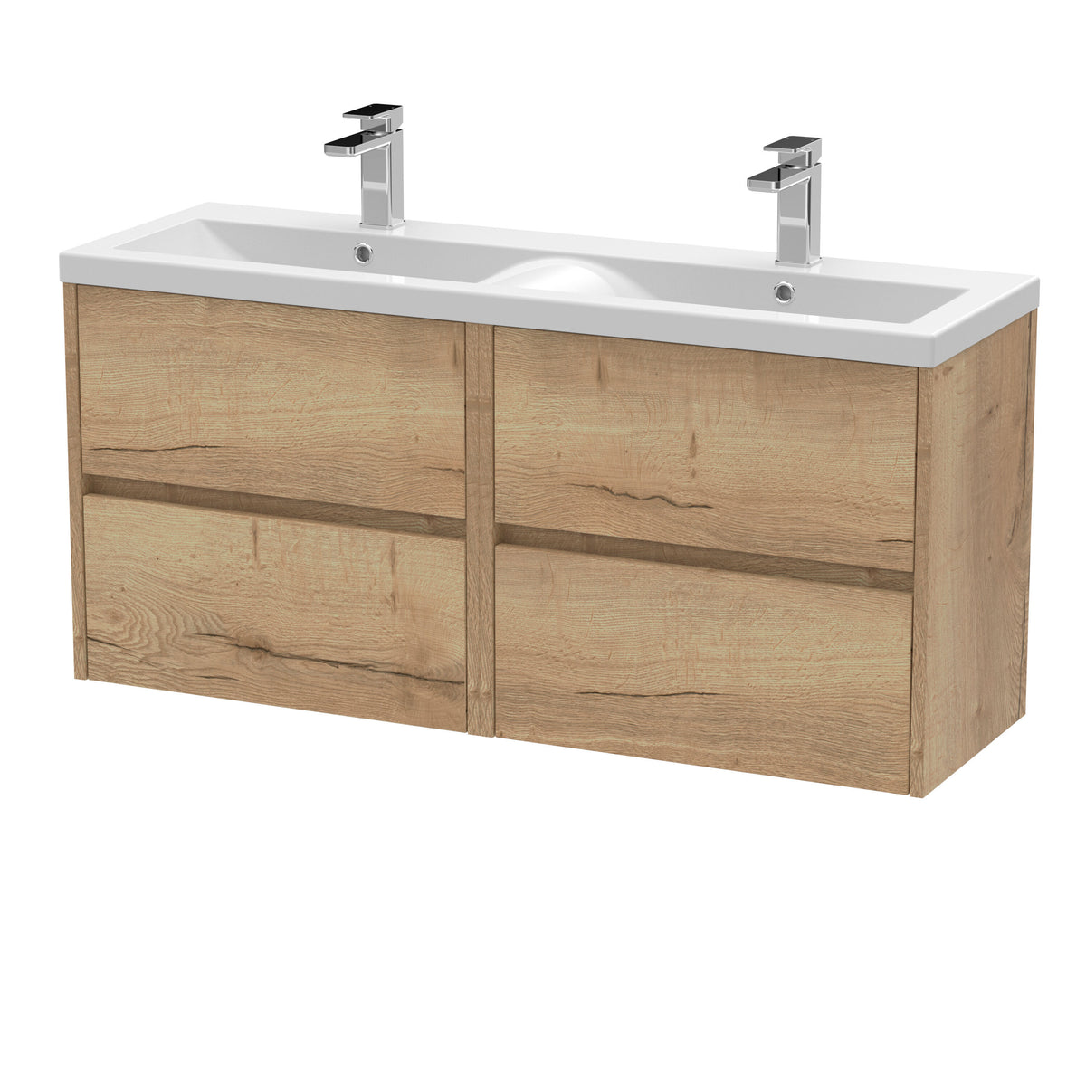 Modern Splash 1200mm Autumn Oak 4 Drawer Wall Hung Vanity Unit With 2 Tap Hole Ceramic Basin