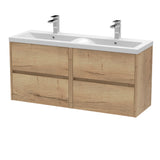 Modern Splash 1200mm Autumn Oak 4 Drawer Wall Hung Vanity Unit With 2 Tap Hole Ceramic Basin