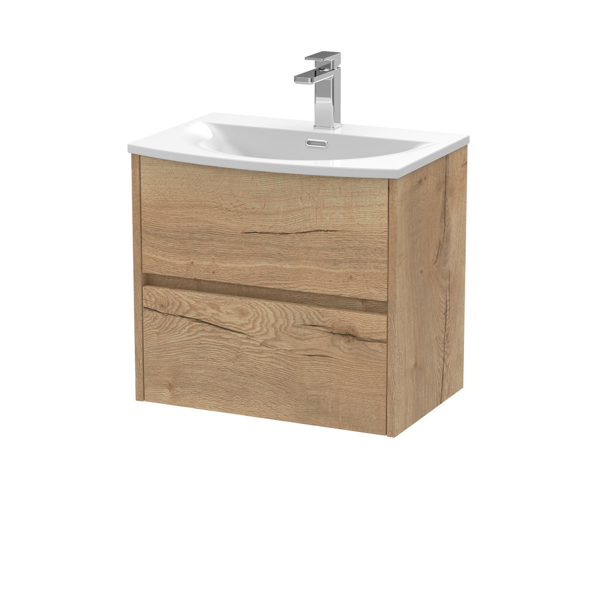 Modern Splash 600mm Autumn Oak 2 Drawer Wall Hung Vanity Unit With U-Shaped Curved Basin