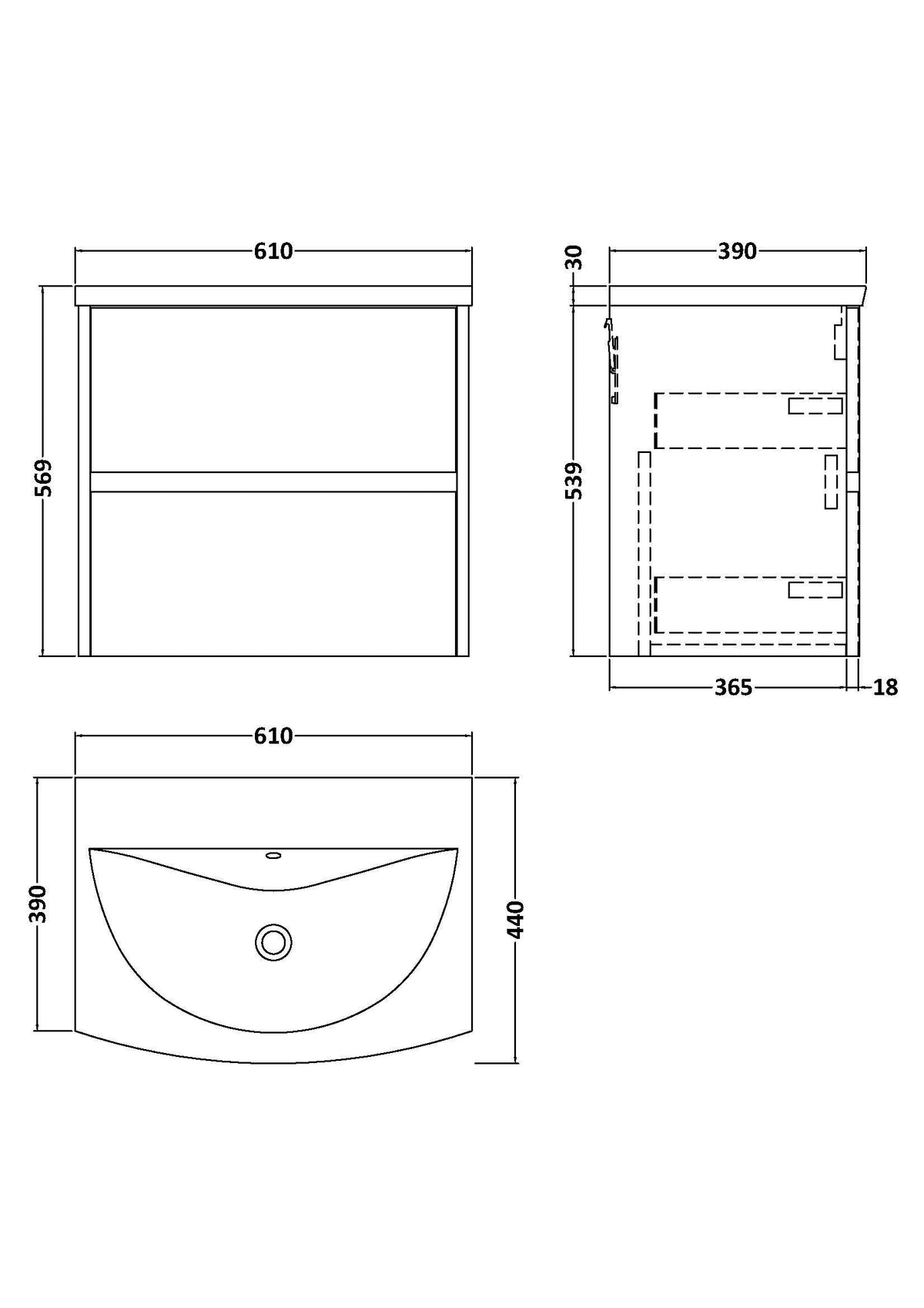 Modern Splash 600mm Autumn Oak 2 Drawer Wall Hung Vanity Unit With U-Shaped Curved Basin