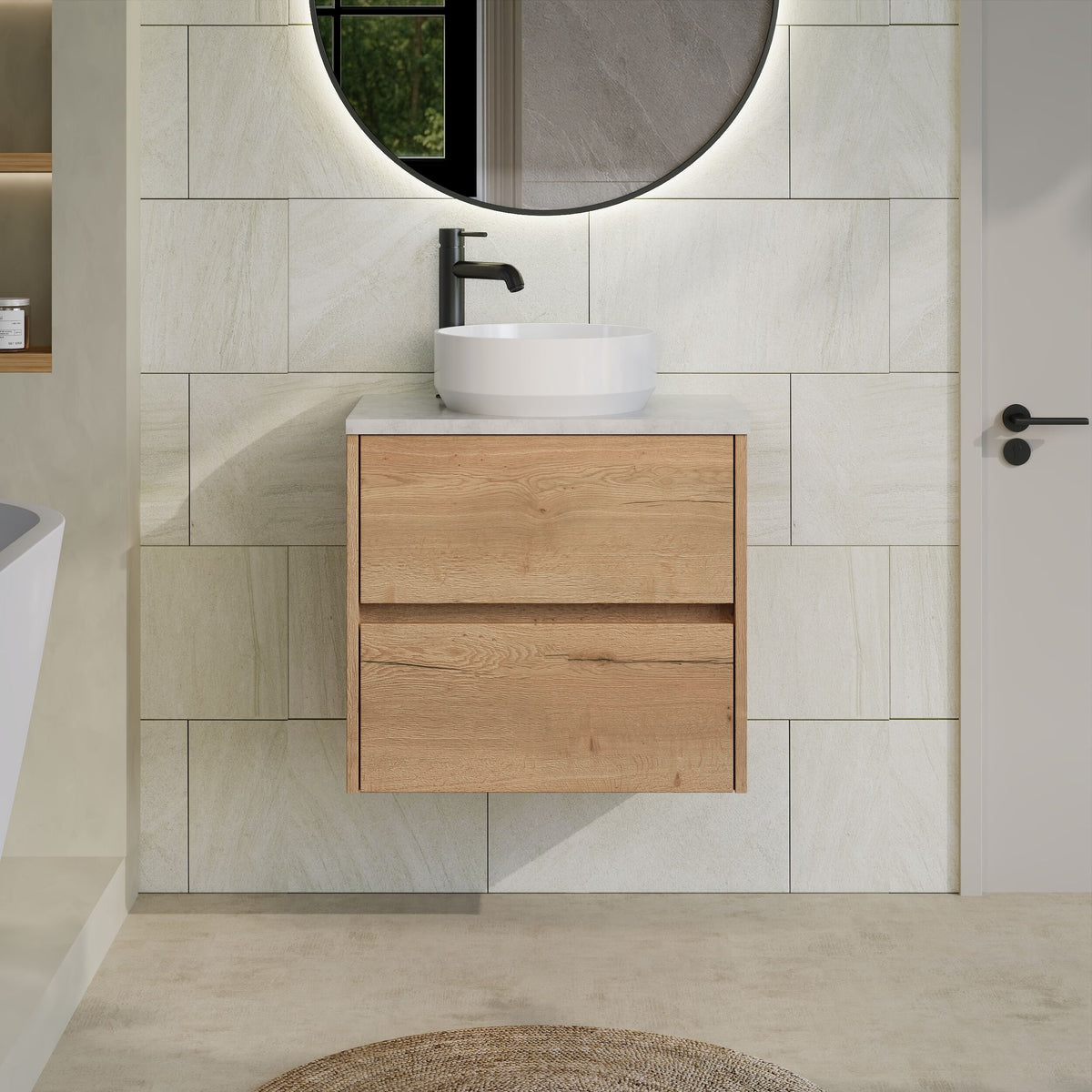 Modern Splash 600mm Autumn Oak 2 Drawer Wall Hung Vanity Unit With Bellato Grey Worktop