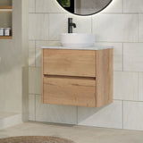 Modern Splash 600mm Autumn Oak 2 Drawer Wall Hung Vanity Unit With Bellato Grey Worktop