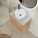 Modern Splash 600mm Autumn Oak 2 Drawer Wall Hung Vanity Unit With Bellato Grey Worktop