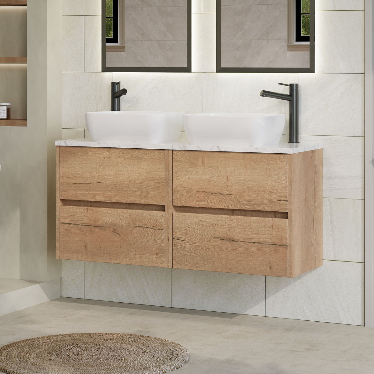 Modern Splash 1200mm Autumn Oak 4 Drawer Wall Hung Vanity With Carrara Laminate Worktop