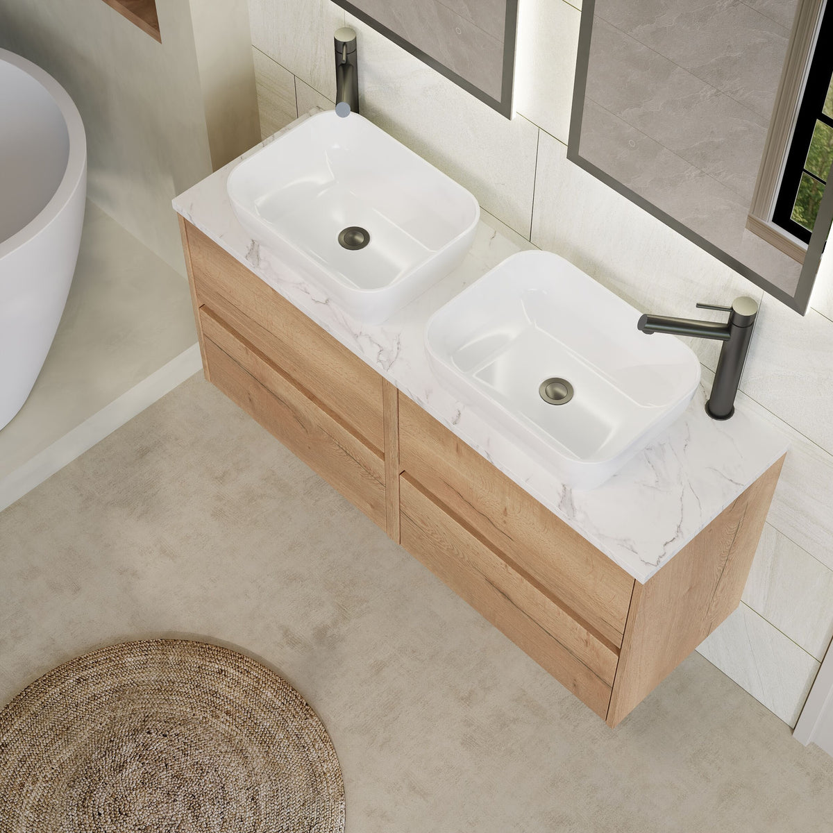Modern Splash 1200mm Autumn Oak 4 Drawer Wall Hung Vanity With Carrara Laminate Worktop