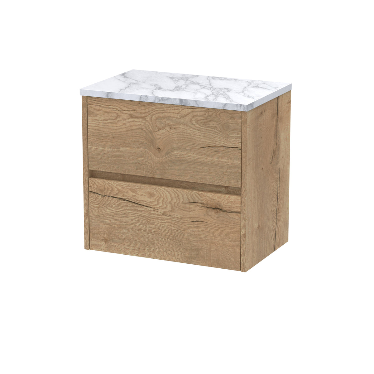 Modern Splash 600mm Autumn Oak 2 Drawer Wall Hung Vanity Unit With Carrara Laminate Worktop