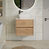 Modern Splash 600mm Autumn Oak 2 Drawer Wall Hung Vanity Unit With Carrara Laminate Worktop