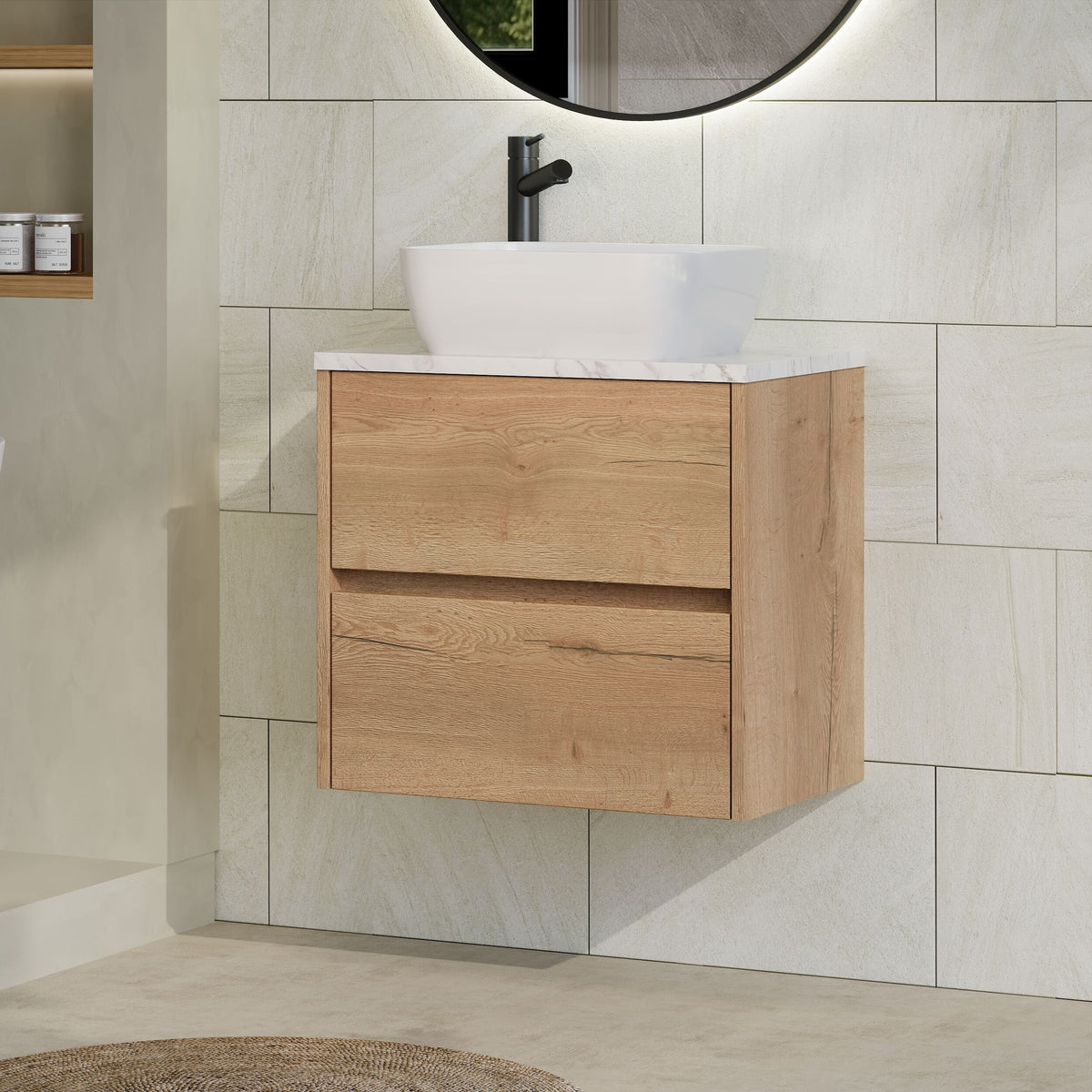 Modern Splash 600mm Autumn Oak 2 Drawer Wall Hung Vanity Unit With Carrara Laminate Worktop