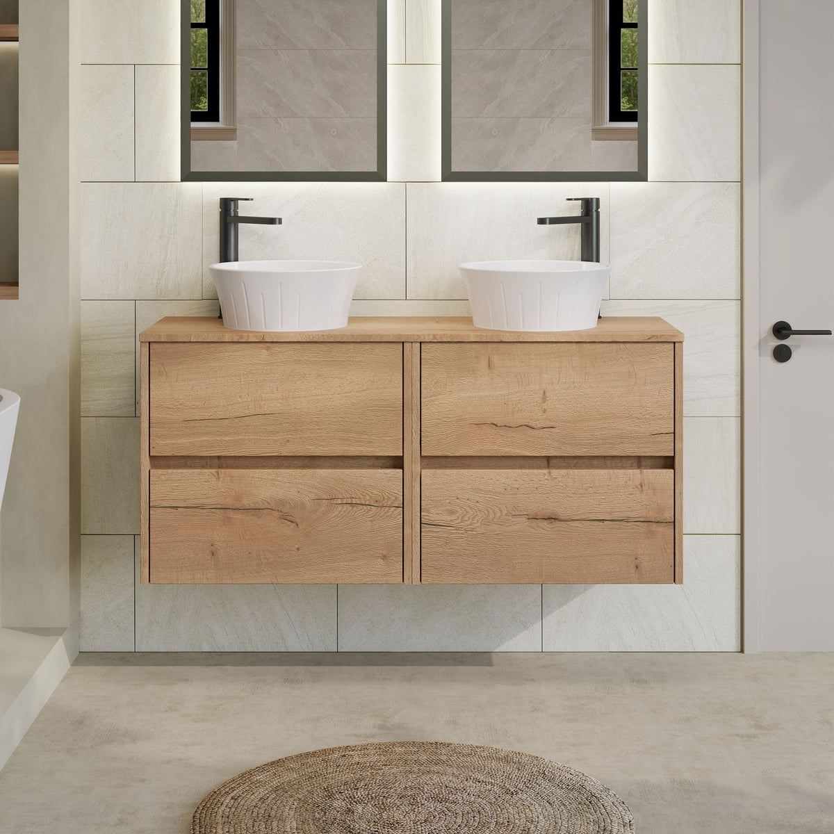 Modern Splash 1200mm Autumn Oak 4 Drawer Wall Hung Vanity Unit With Autumn Oak Worktop