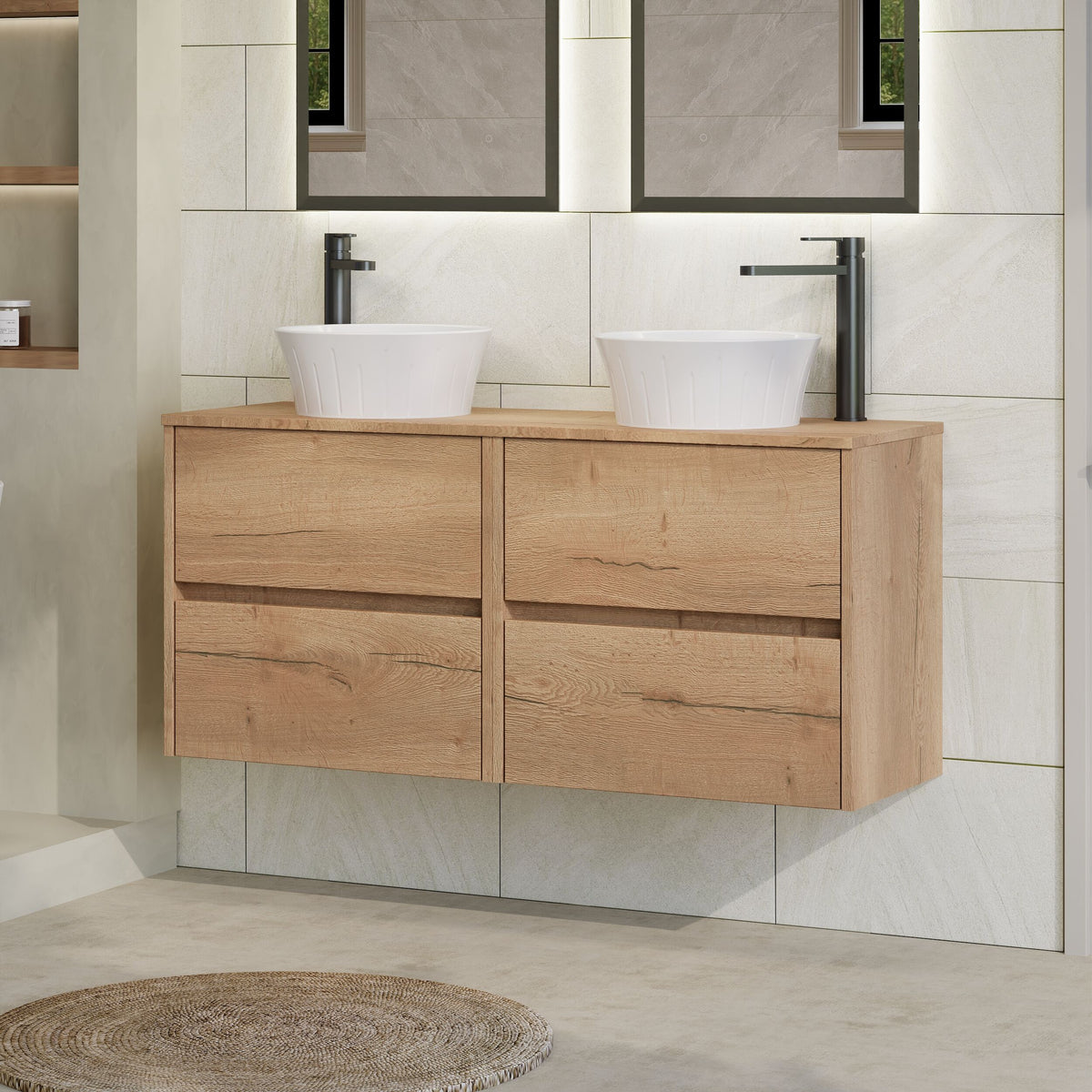 Modern Splash 1200mm Autumn Oak 4 Drawer Wall Hung Vanity Unit With Autumn Oak Worktop