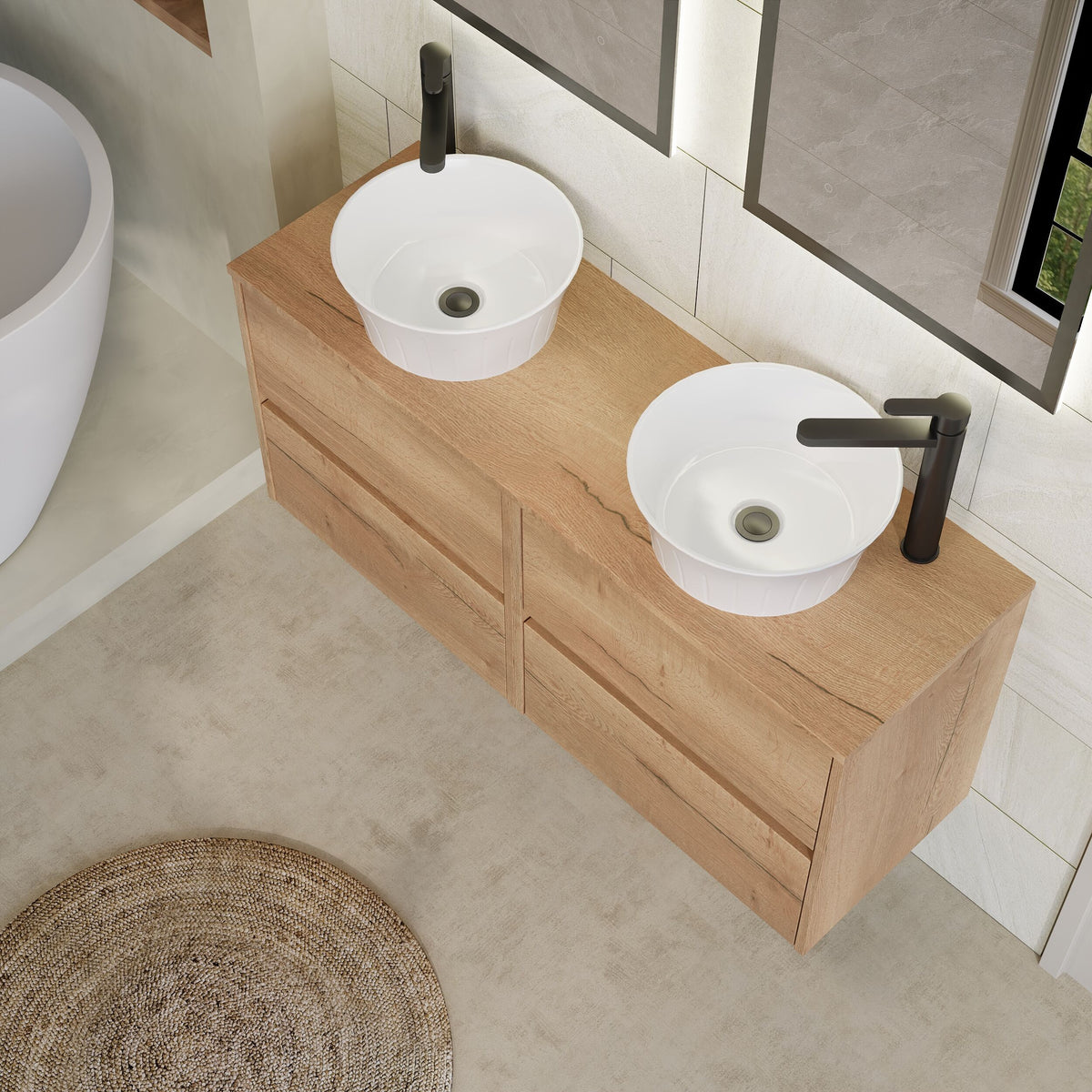 Modern Splash 1200mm Autumn Oak 4 Drawer Wall Hung Vanity Unit With Autumn Oak Worktop