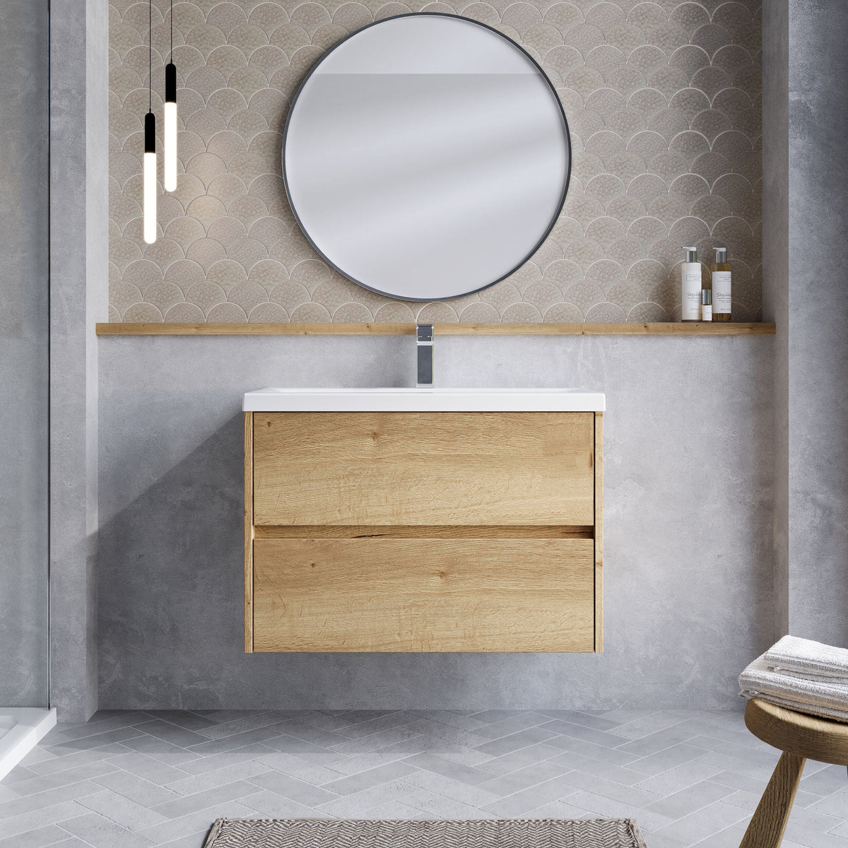 Modern Splash 800mm Autumn Oak 2 Drawer Wall Hung Vanity Unit With Mid-Edge Basin