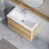 Modern Splash 800mm Autumn Oak 2 Drawer Wall Hung Vanity Unit With Mid-Edge Basin