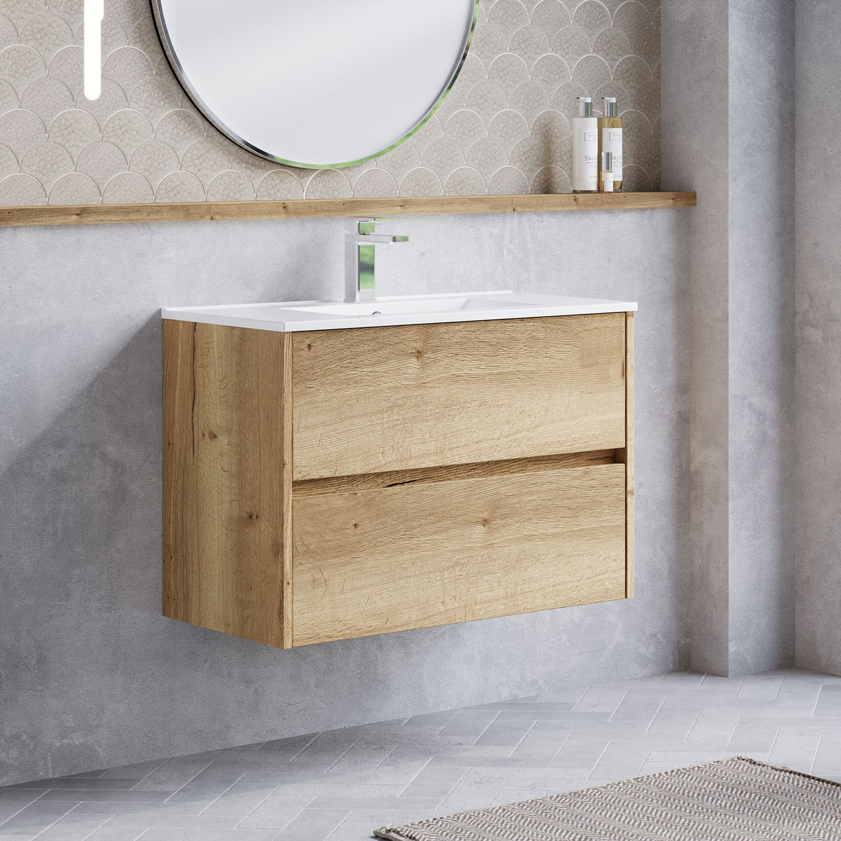 Modern Splash 800mm Autumn Oak 2 Drawer Wall Hung Vanity Unit With Minimalist Basin